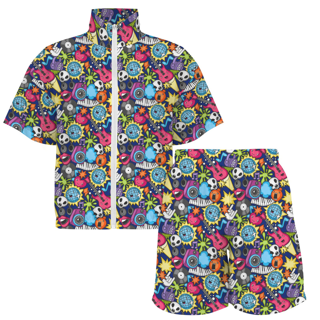 Sticker Music Women's Windbreaker Short Set Women's Windbreaker Short Set Music Printed Offshore