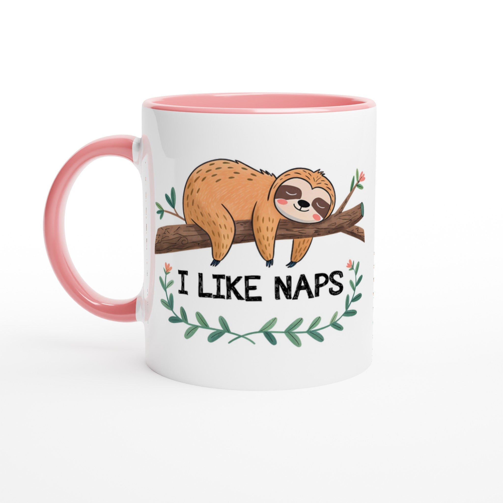 Sloth, I Like Naps - White 11oz Ceramic Mug with Colour Inside Ceramic Pink Colour 11oz Mug animal Globally Fulfilled