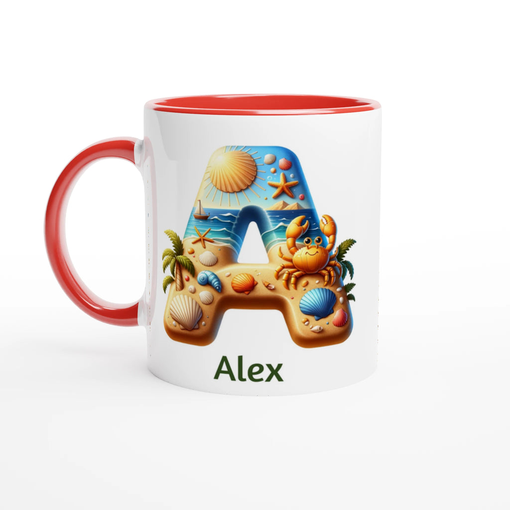 Personalised - Summer Beach Initials - White 11oz Ceramic Mug with Colour Inside Ceramic Red Personalised 11oz Mug Customise Globally Fulfilled Personalise