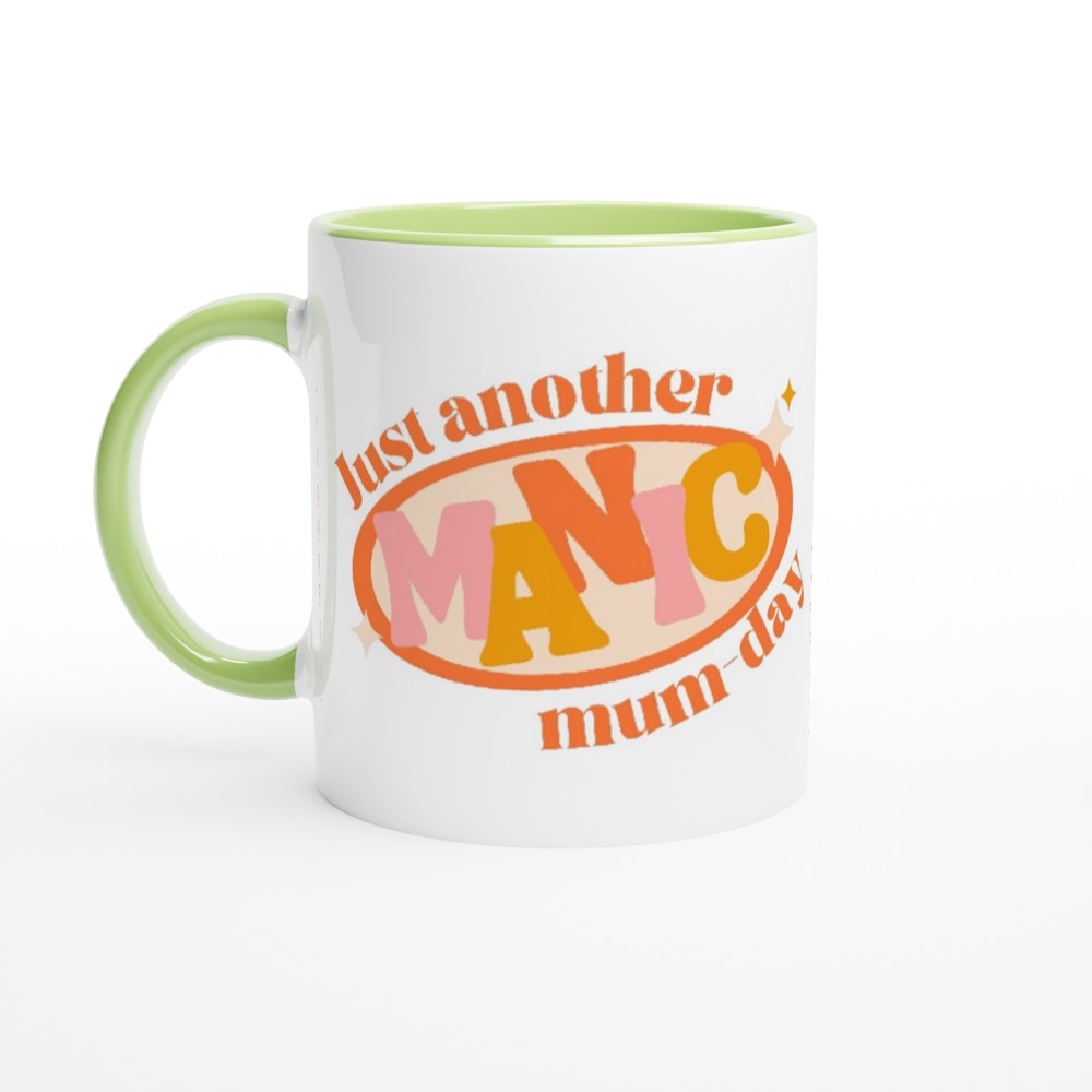 Just Another Manic Mum-day - White 11oz Ceramic Mug with Colour Inside ceramic green Colour 11oz Mug funny Globally Fulfilled mum retro