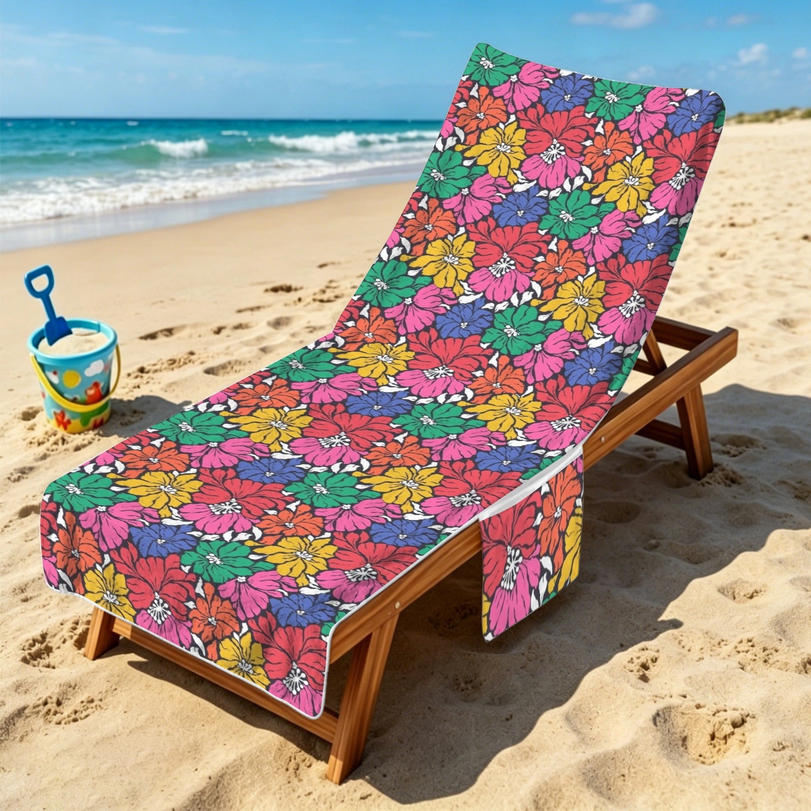 Bright And Bold Flowers Beach Chair Towel Cover with Side Pockets