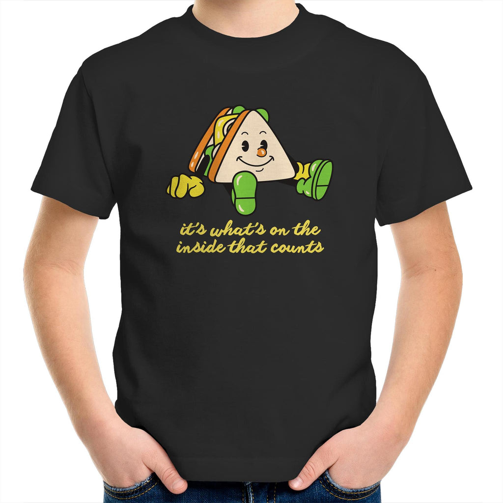 Sandwich, It's What's On The Inside That Counts - Kids Youth T-Shirt Black Kids Youth T-shirt Food Positivity Printed In Australia