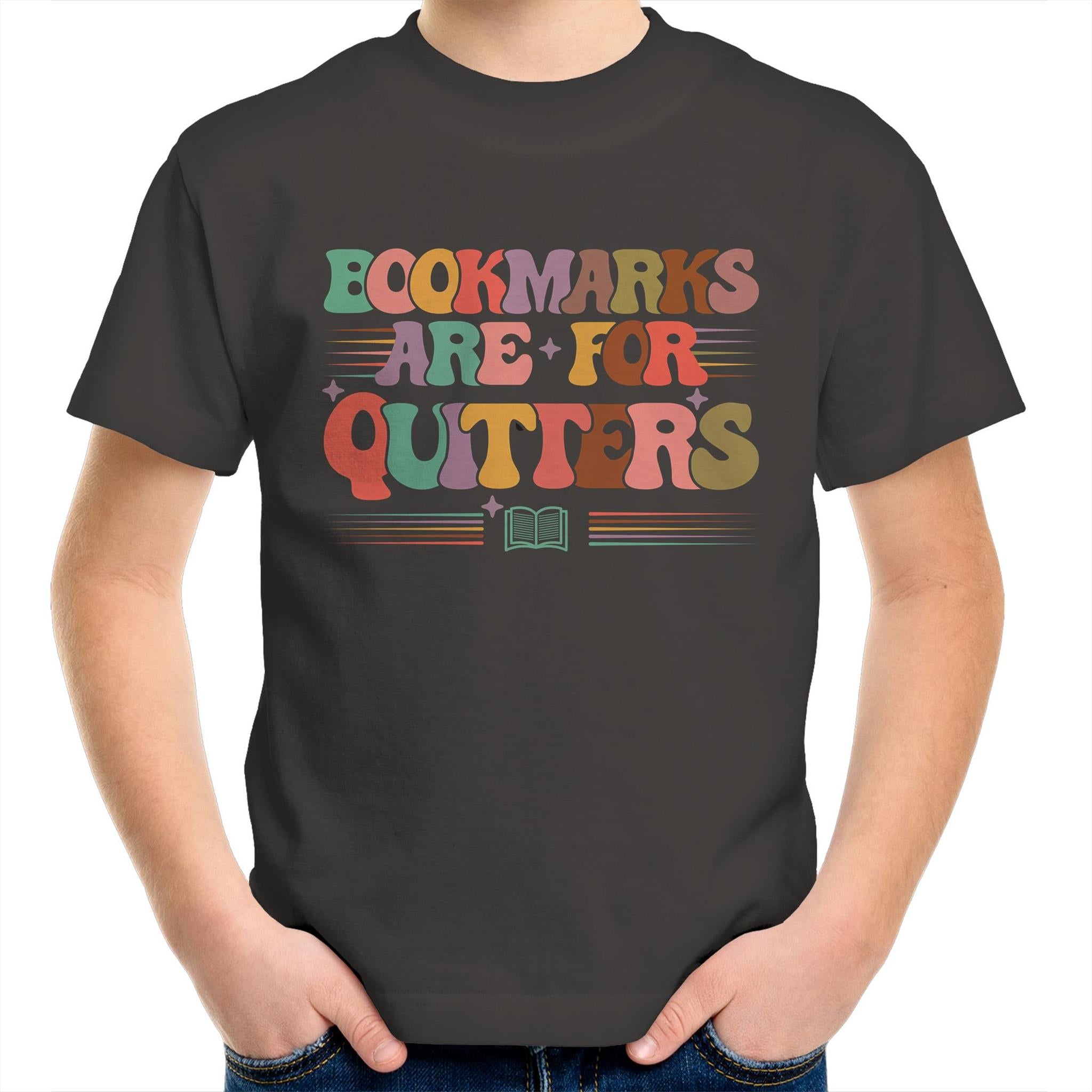 Bookmarks Are For Quitters - Kids Youth T-Shirt Charcoal Kids Youth T-shirt Printed In Australia Reading