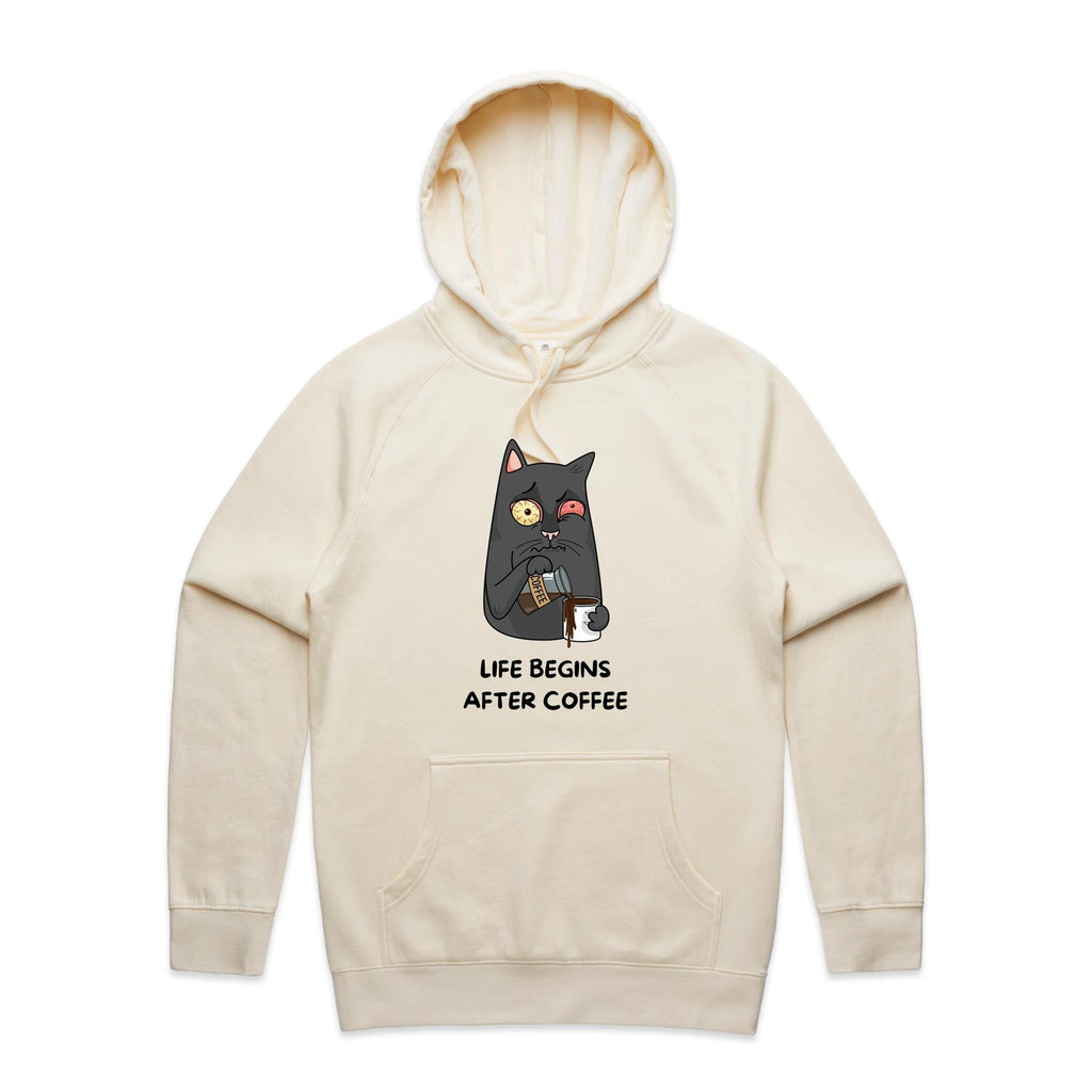 Life Begins After Coffee, Cat - Mens Hoodie Ecru Mens Hoodie animal Coffee Printed In Australia