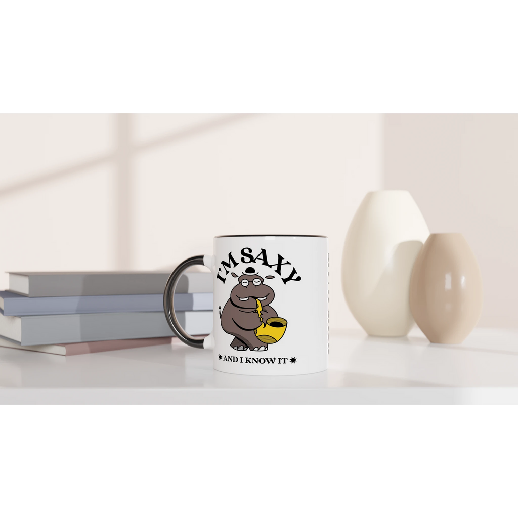 Personalised - I'm Saxy And I Know It, Saxophone Hippo - White 11oz Ceramic Mug with Colour Inside Personalised 11oz Mug animal customise Globally Fulfilled Music personalise