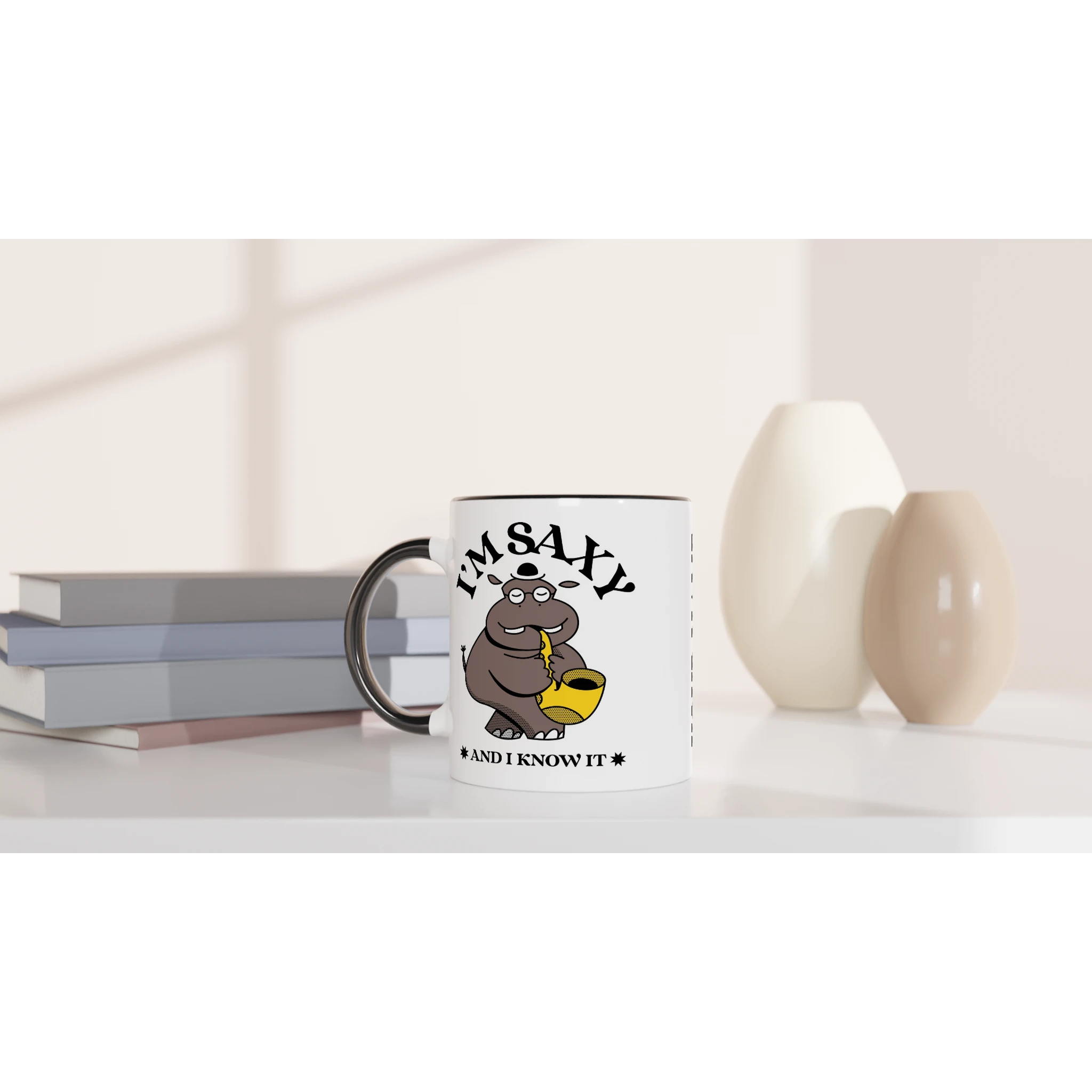 Personalised - I'm Saxy And I Know It, Saxophone Hippo - White 11oz Ceramic Mug with Colour Inside Personalised 11oz Mug animal customise Globally Fulfilled Music personalise