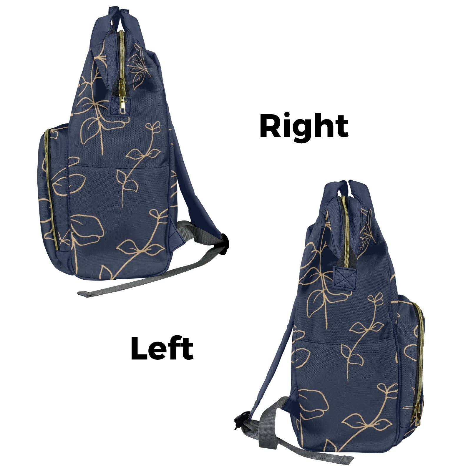 Gold Flowers On Navy - Multi-Function Backpack, Nappy / Diaper Bag
