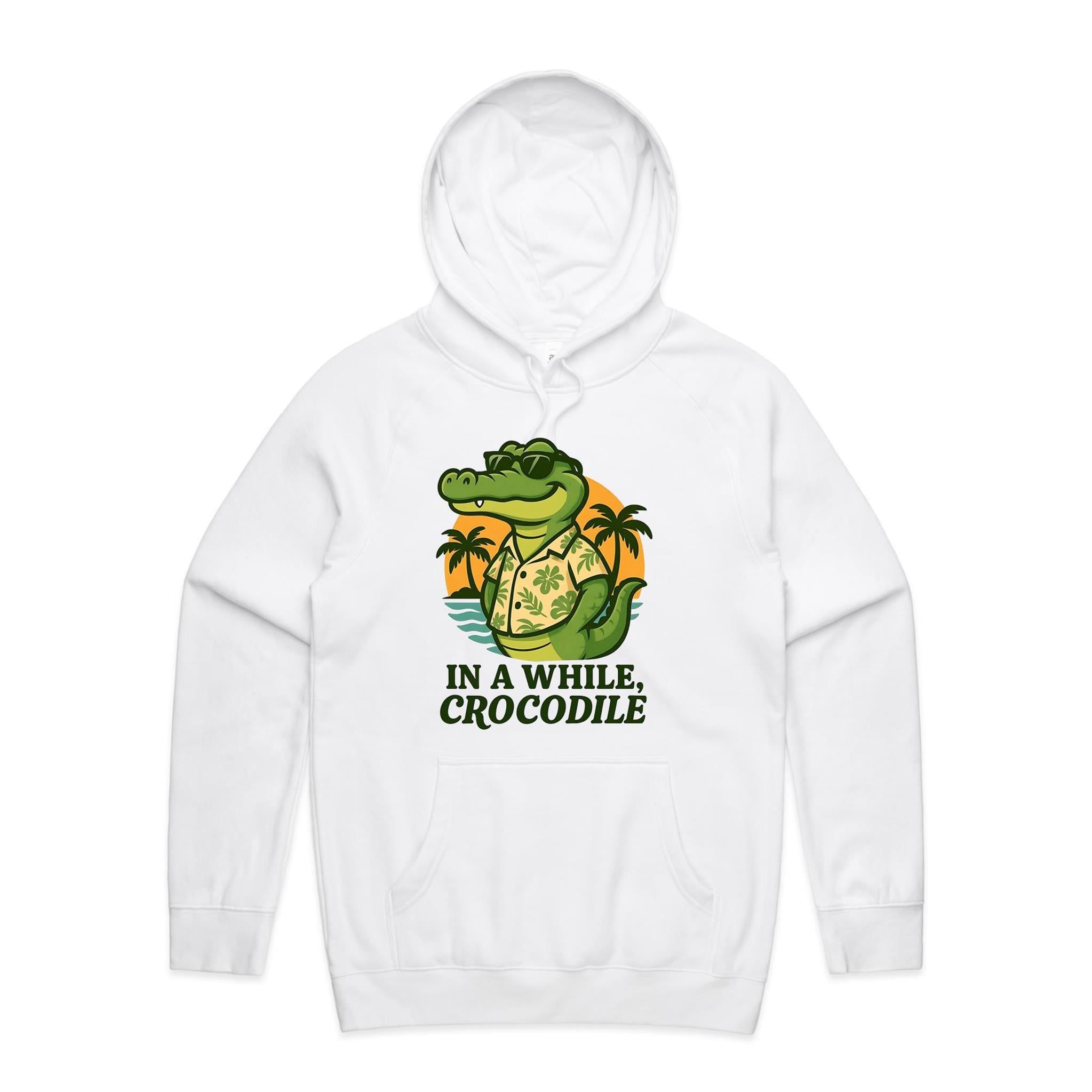 In A While, Crocodile Men's AS Colour Hoodie White Mens Hoodie animal Printed In Australia