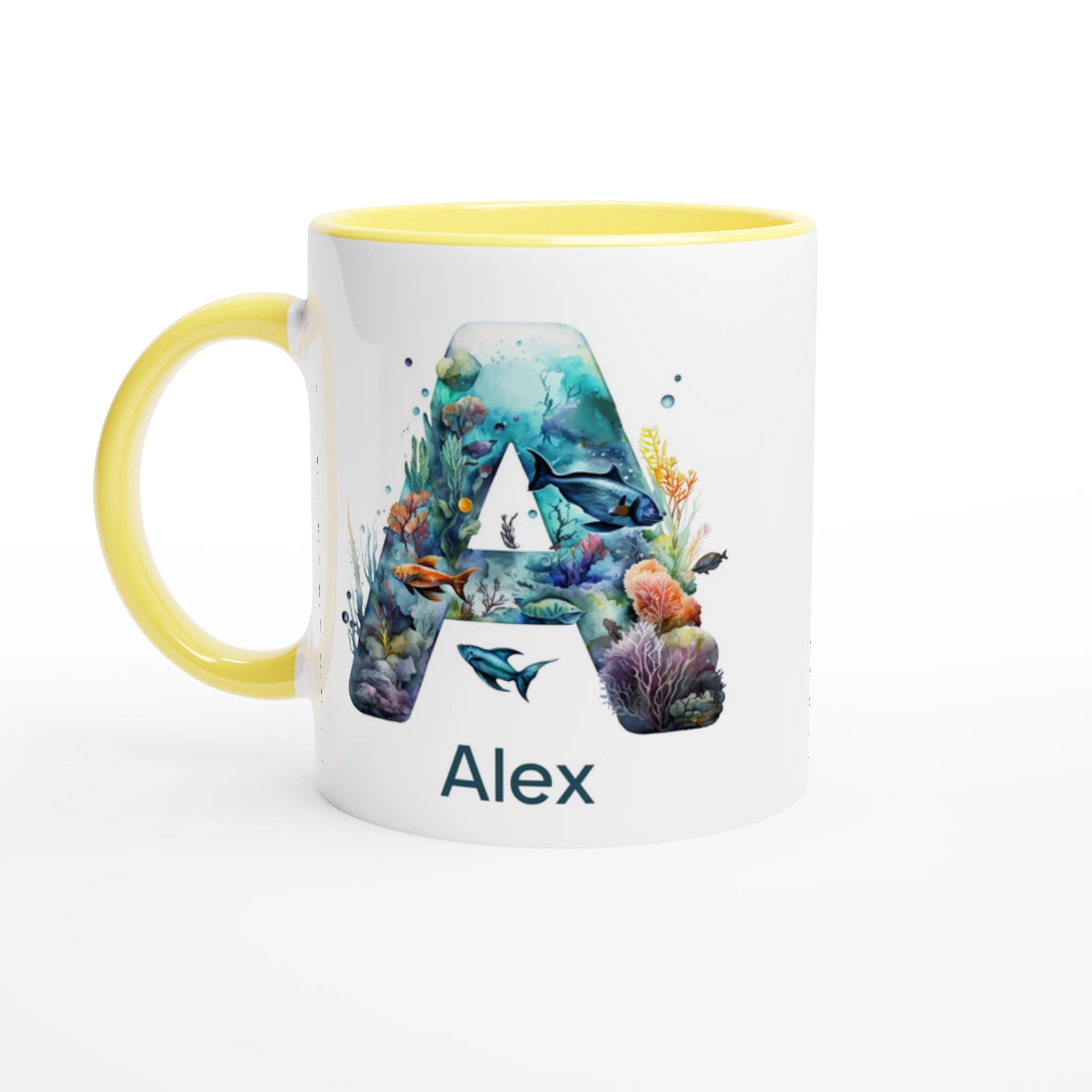 Coral Sea Initial - 11oz Ceramic Mug Ceramic Yellow Personalised 11oz Mug customise Globally Fulfilled Initial Name Ocean personalise