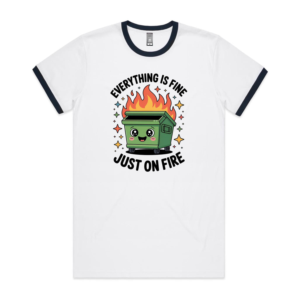 Skip Bin, Dumpster Fire Men's AS Colour Ringer Tee White Navy Ringer T-Shirt Printed In Australia