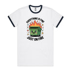 Skip Bin, Dumpster Fire Men's AS Colour Ringer Tee White Navy Ringer T-Shirt Printed In Australia