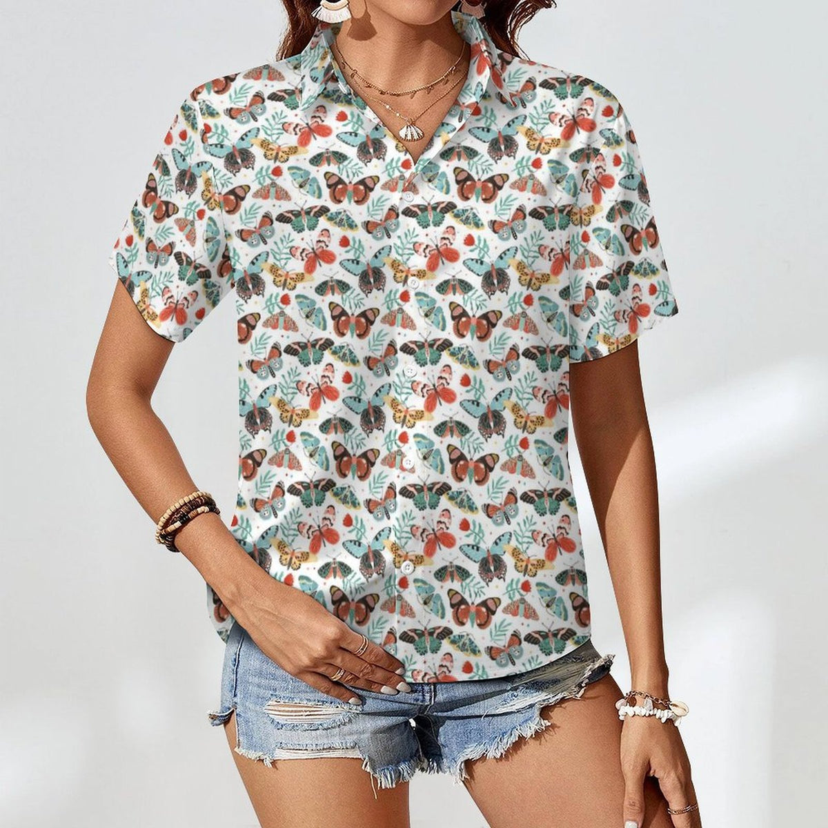 Pretty Moths And Butterflies Women's Collared Pocketless Short Sleeve Shirt
