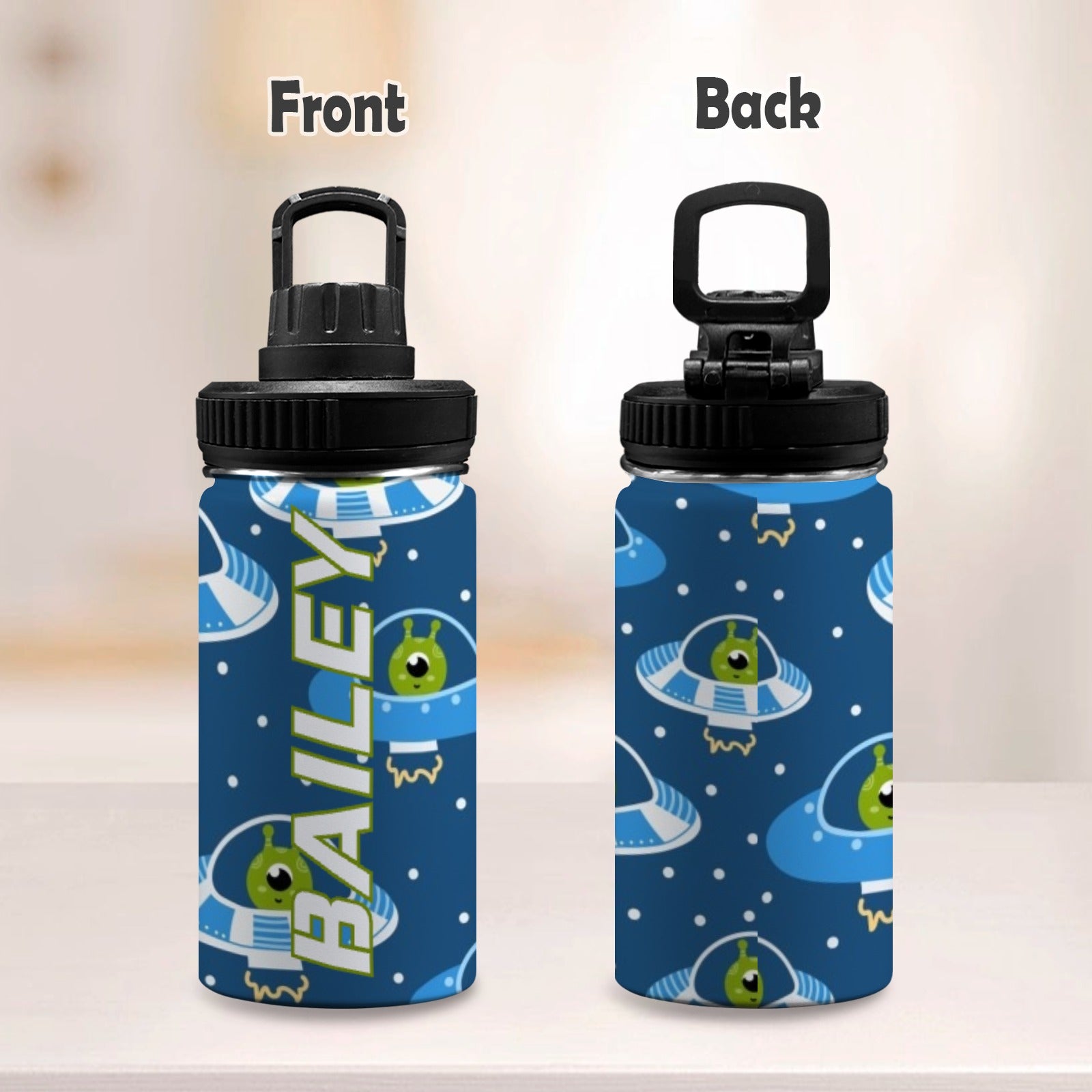 Personalised - Cute Aliens In UFO's - Kids Stainless Steel Water Bottle