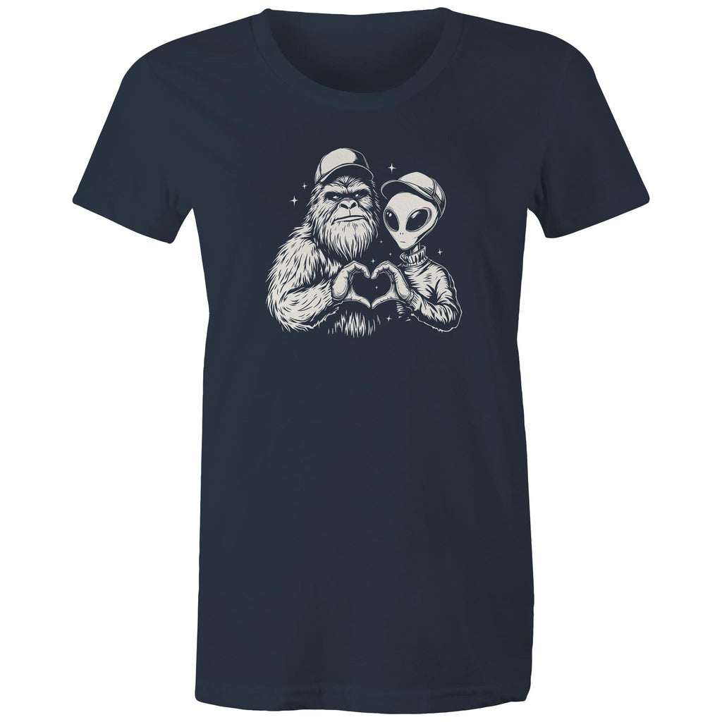 Alien Bigfoot Heart Hands - Womens T-shirt Navy Womens T-shirt Love Printed In Australia Sci Fi