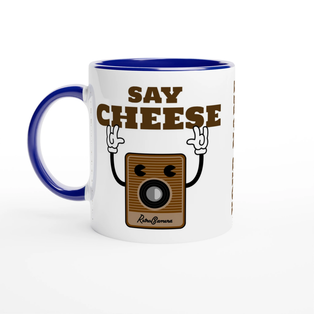 Personalised - Say Cheese, Retro Camera - White 11oz Ceramic Mug with Colour Inside Ceramic Blue Personalised 11oz Mug customise Globally Fulfilled personalise Retro Tech