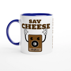 Personalised - Say Cheese, Retro Camera - White 11oz Ceramic Mug with Colour Inside Ceramic Blue Personalised 11oz Mug customise Globally Fulfilled personalise Retro Tech