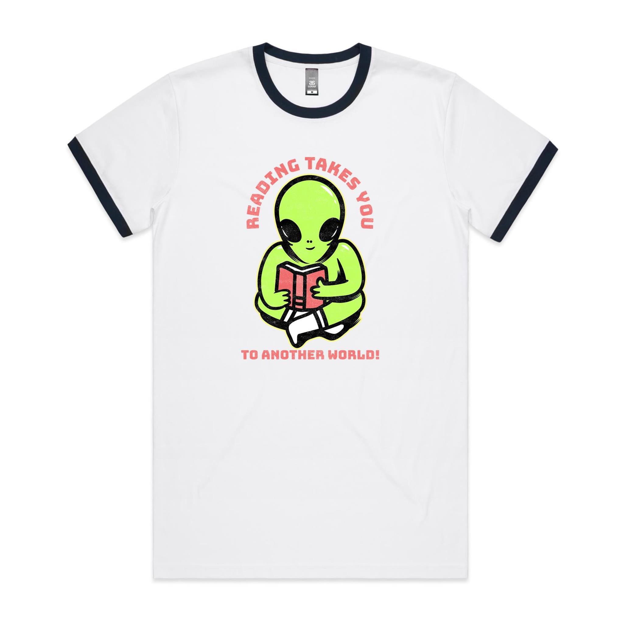 Reading Takes You To Another World, Alien - Staple Ringer Tee White Navy Ringer T-Shirt Printed In Australia Reading Sci Fi