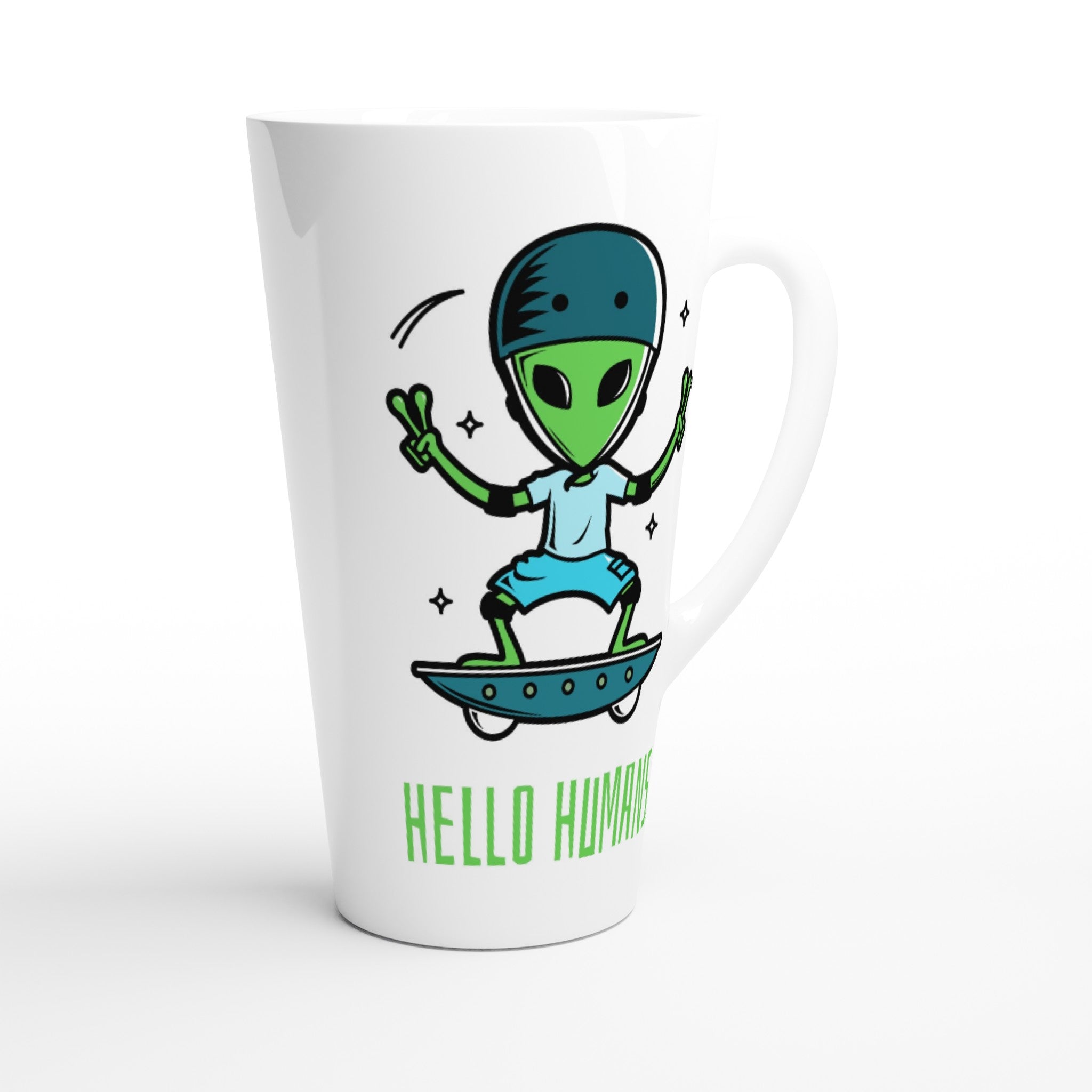 Hello Humans, Alien Skateboard - White Latte 17oz Ceramic Mug Latte Mug Globally Fulfilled Sci Fi