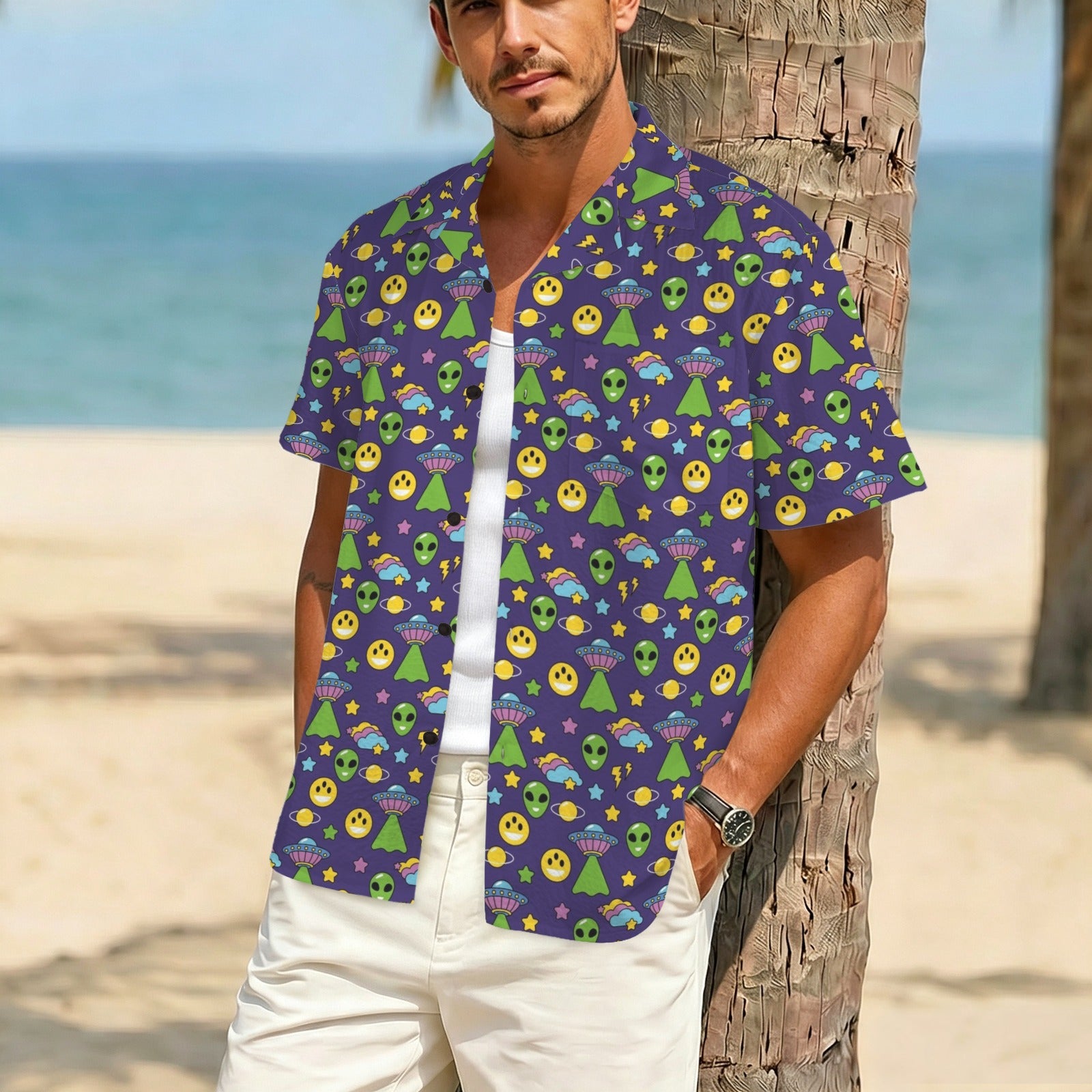 Groovy Alien And UFO Men's Crinkle Hawaiian Shirt