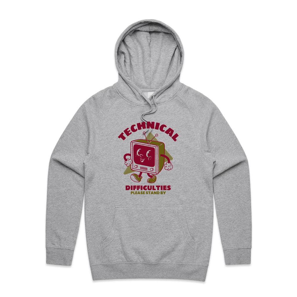 Retro TV, Technical Difficulties - Mens Hoodie Grey Marle Mens Hoodie Printed In Australia Retro Tech