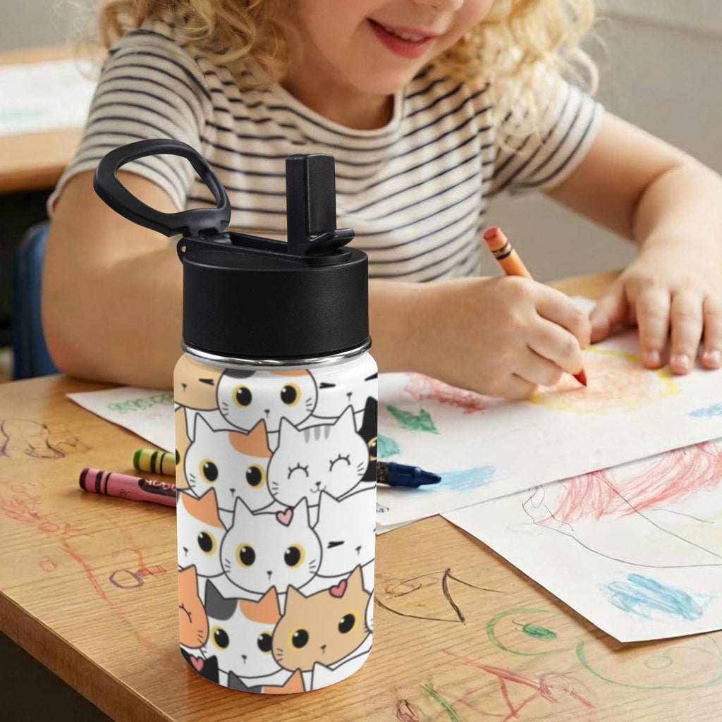 Cute Cartoon Cats 12oz Kids Water Bottle with Straw Lid