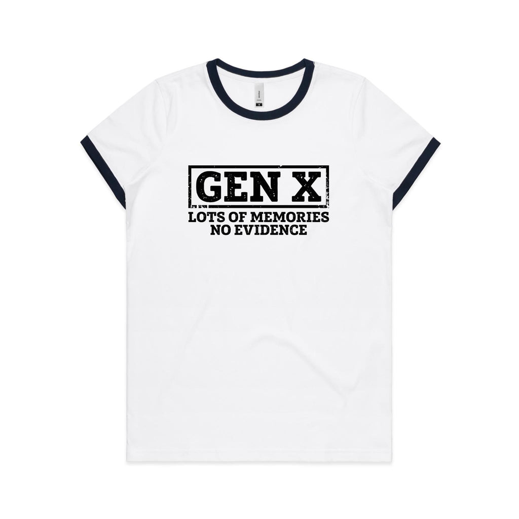 Gen X, Lots Of Memories, No Evidence Women's AS Colour Ringer Tee White Navy Womens Ringer T-shirt Printed In Australia