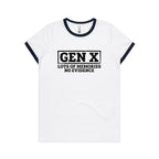 Gen X, Lots Of Memories, No Evidence Women's AS Colour Ringer Tee White Navy Womens Ringer T-shirt Printed In Australia
