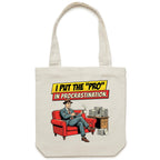 I Put The Pro In Procrastination, Retro Gentleman Canvas Tote Bag Cream One Size Tote Bag comic Printed In Australia