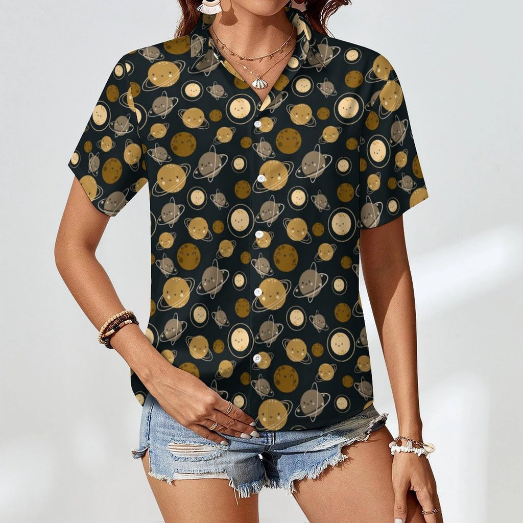 Planets Women's Collared Pocketless Short Sleeve Shirt
