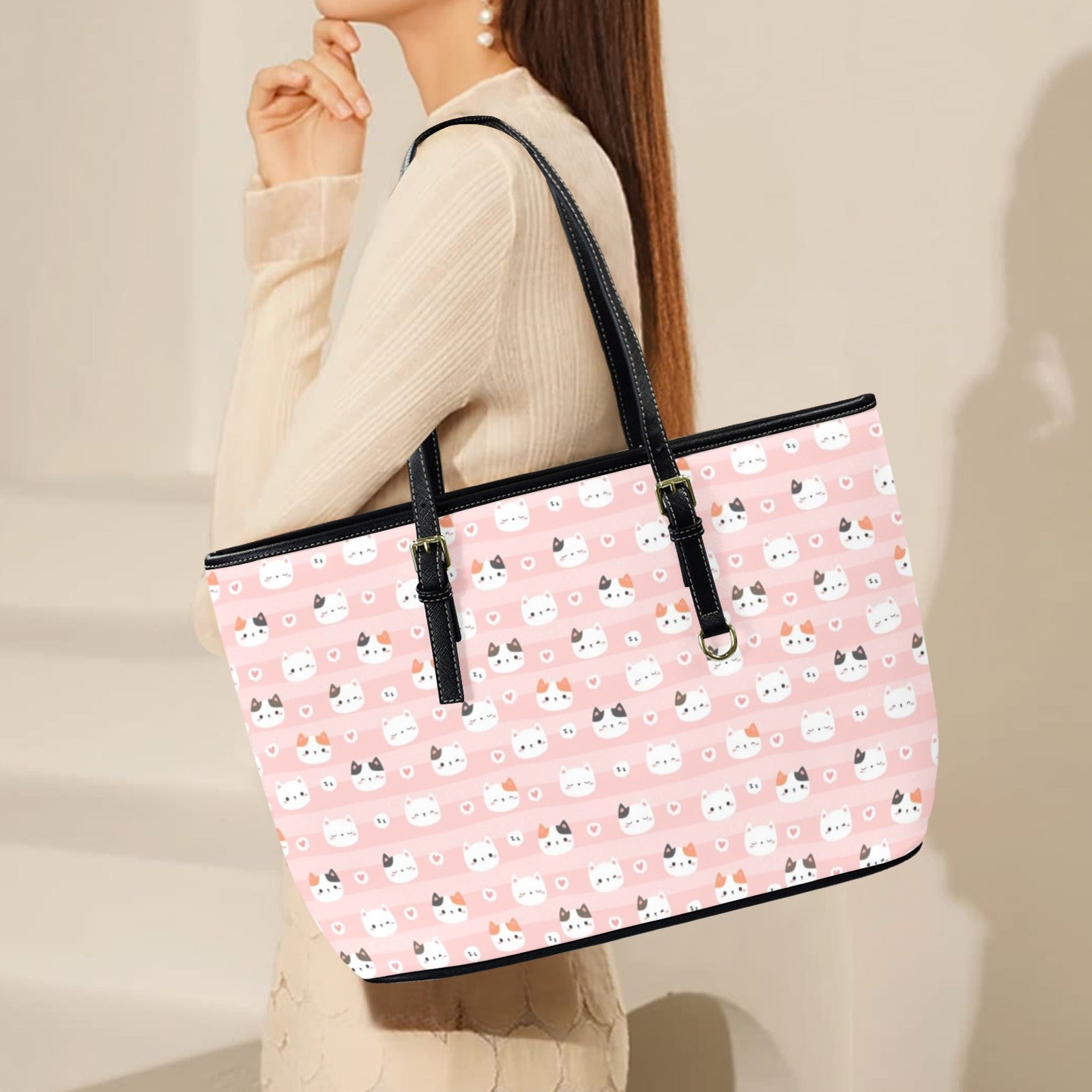 Pink Cats PU Leather Tote Bag Large Leather Tote Bag-Large animal Printed Offshore