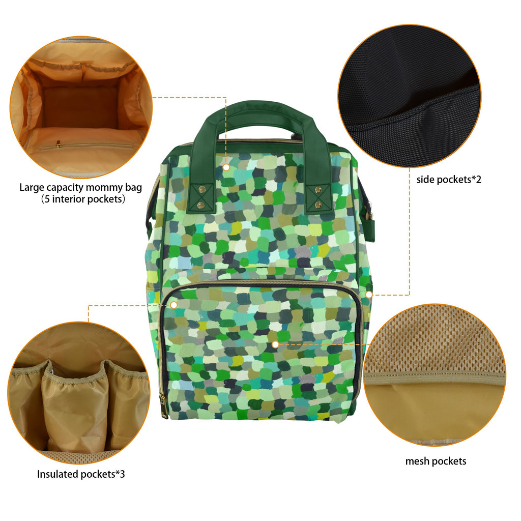 Green Paint Dabs - Multi-Function Backpack, Nappy / Diaper Bag