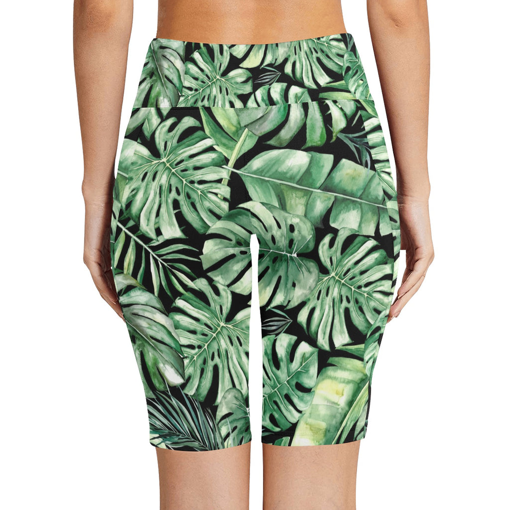Jungle Leaves Women's Bike Shorts With Side Pockets Women's Bike Shorts Plants Printed Offshore