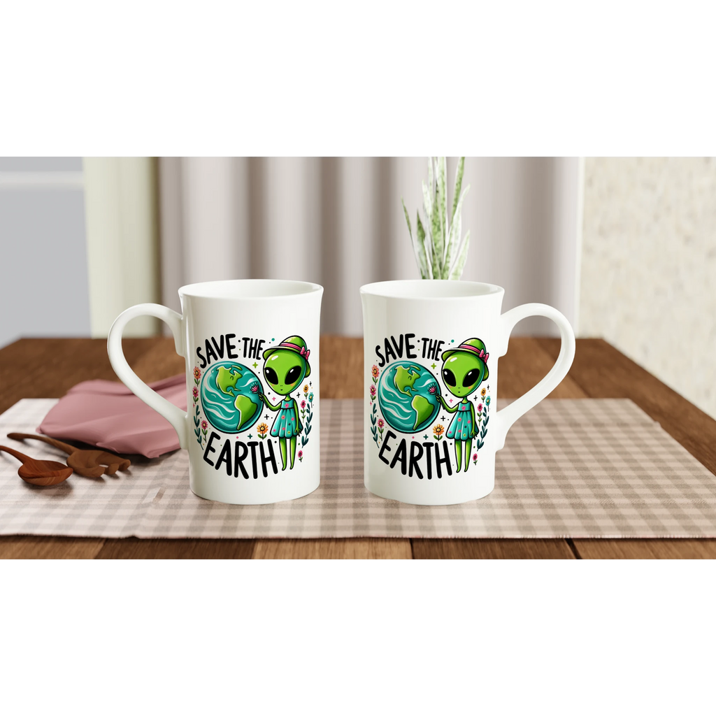 Personalised - Save The Earth, Alien - White 10oz Porcelain Slim Mug Personalised Porcelain Mug customise Environment Globally Fulfilled personalise Sci Fi