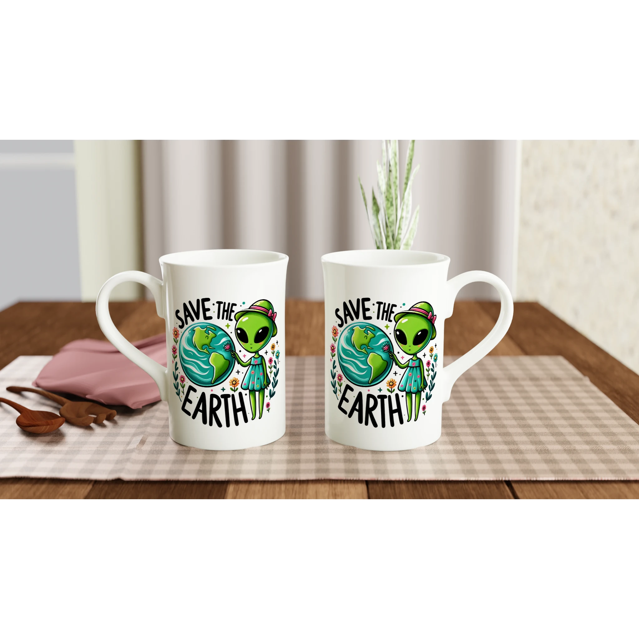 Personalised - Save The Earth, Alien - White 10oz Porcelain Slim Mug Personalised Porcelain Mug customise Environment Globally Fulfilled personalise Sci Fi