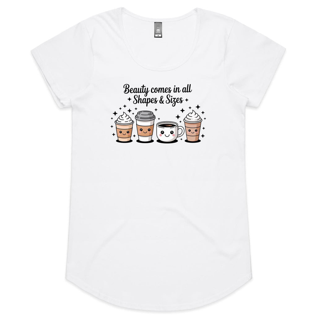 Coffee Beauty, All Shapes And Sizes Women's AS Colour Scoop Neck T-Shirt White Womens Scoop Neck T-shirt Coffee Positivity Printed In Australia