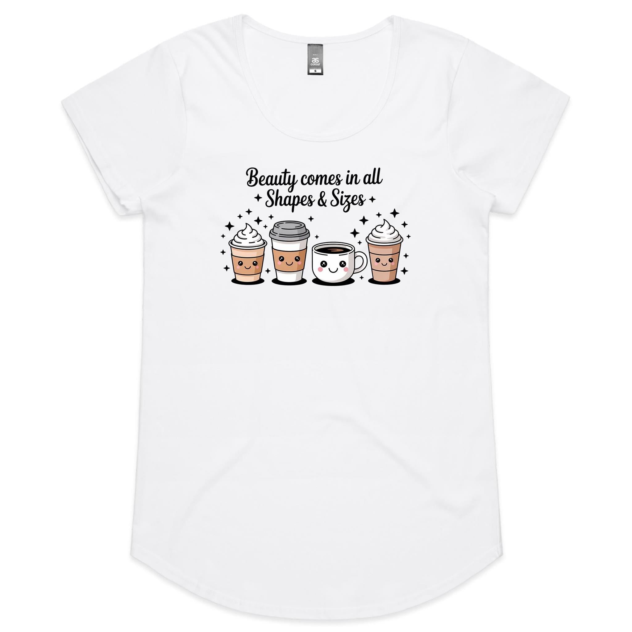Coffee Beauty, All Shapes And Sizes Women's AS Colour Scoop Neck T-Shirt White Womens Scoop Neck T-shirt Coffee Positivity Printed In Australia