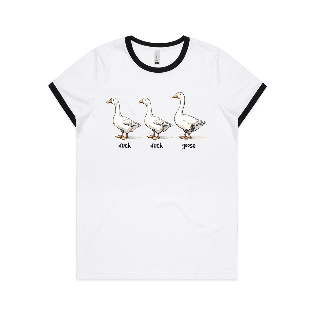 Duck Duck Goose - Women's Ringer Tee White Black Womens Ringer T-shirt animal Games Printed In Australia