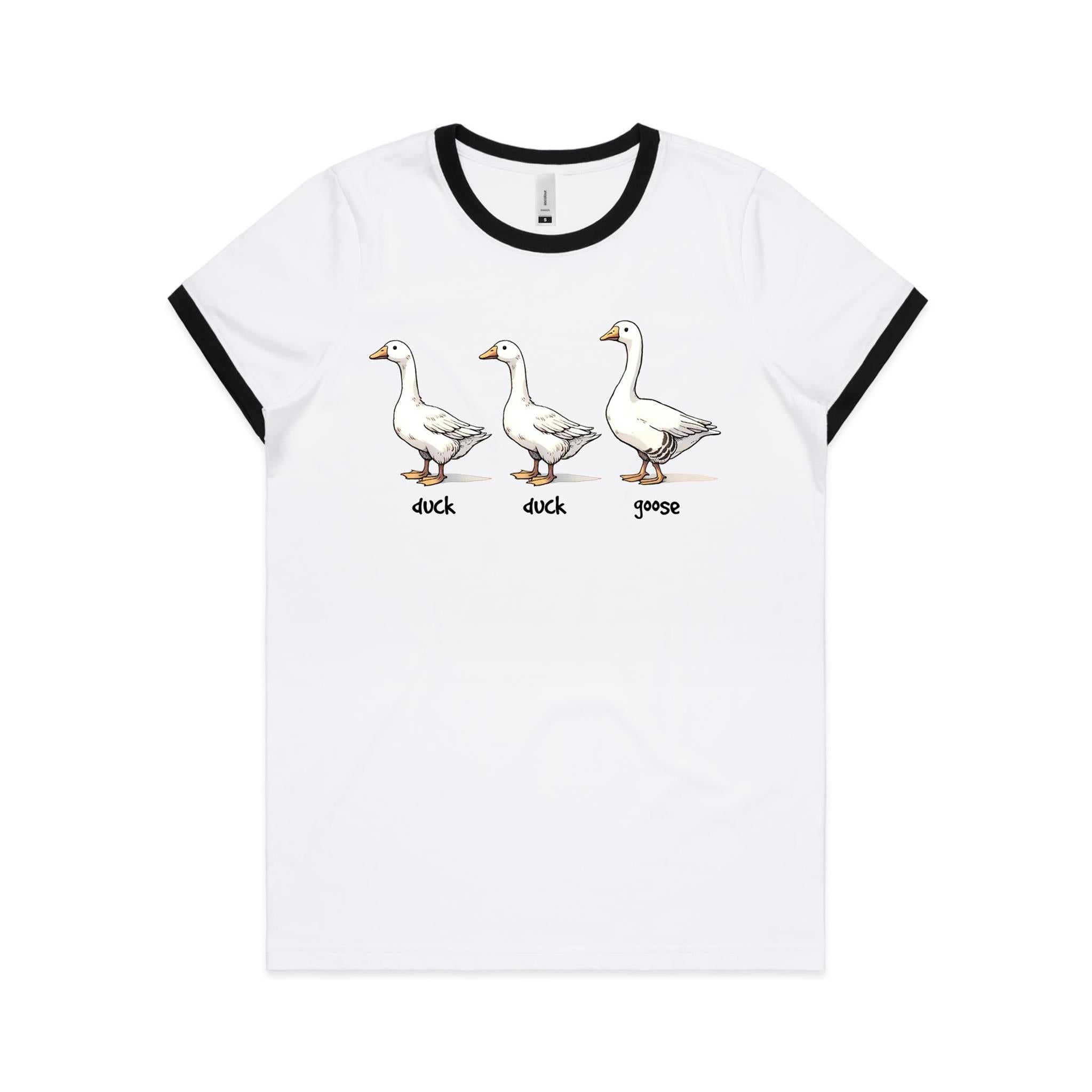 Duck Duck Goose - Women's Ringer Tee White Black Womens Ringer T-shirt animal Games Printed In Australia