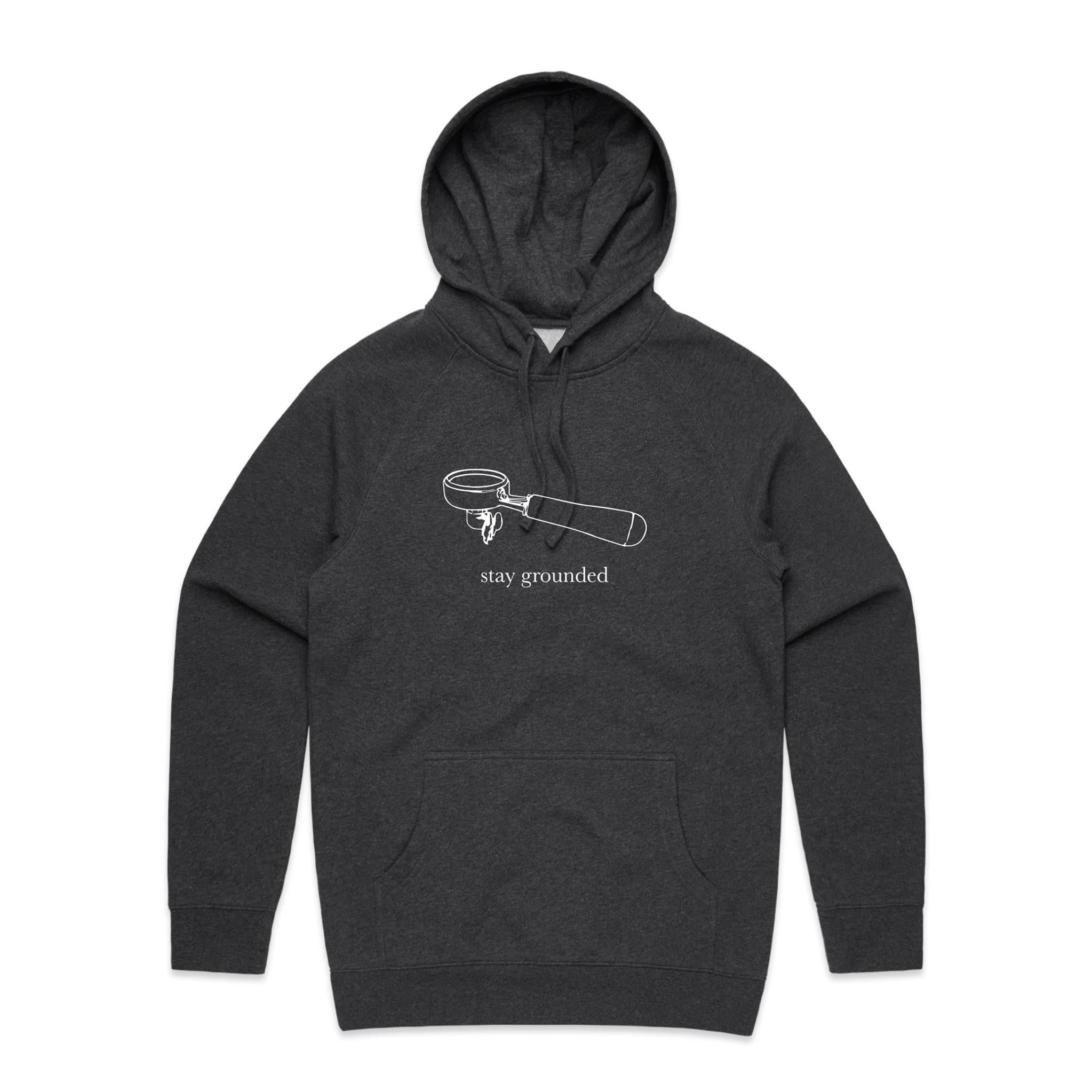 Stay Grounded, Coffee Portafilter - Mens Hoodie Asphalt Marle Mens Hoodie Coffee Printed In Australia