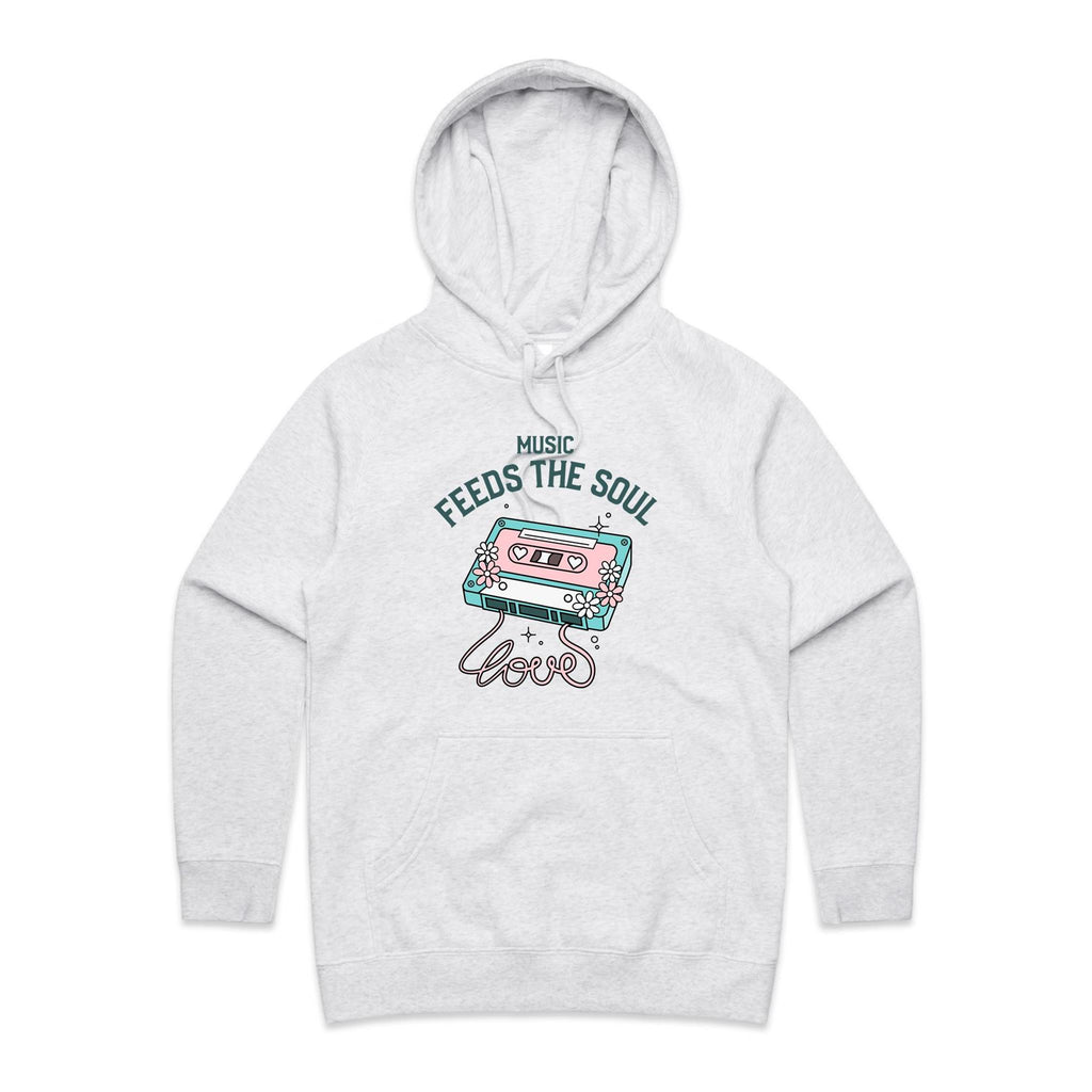 Music Feeds The Soul, Cassette Tape - Womens Hoodie White Marle Womens Hoodie Music Printed In Australia