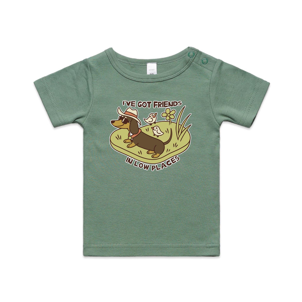 Dachshund, I've Got Friends In Low Places AS Colour Baby T-shirt Sage Baby T-shirt animal Printed In Australia