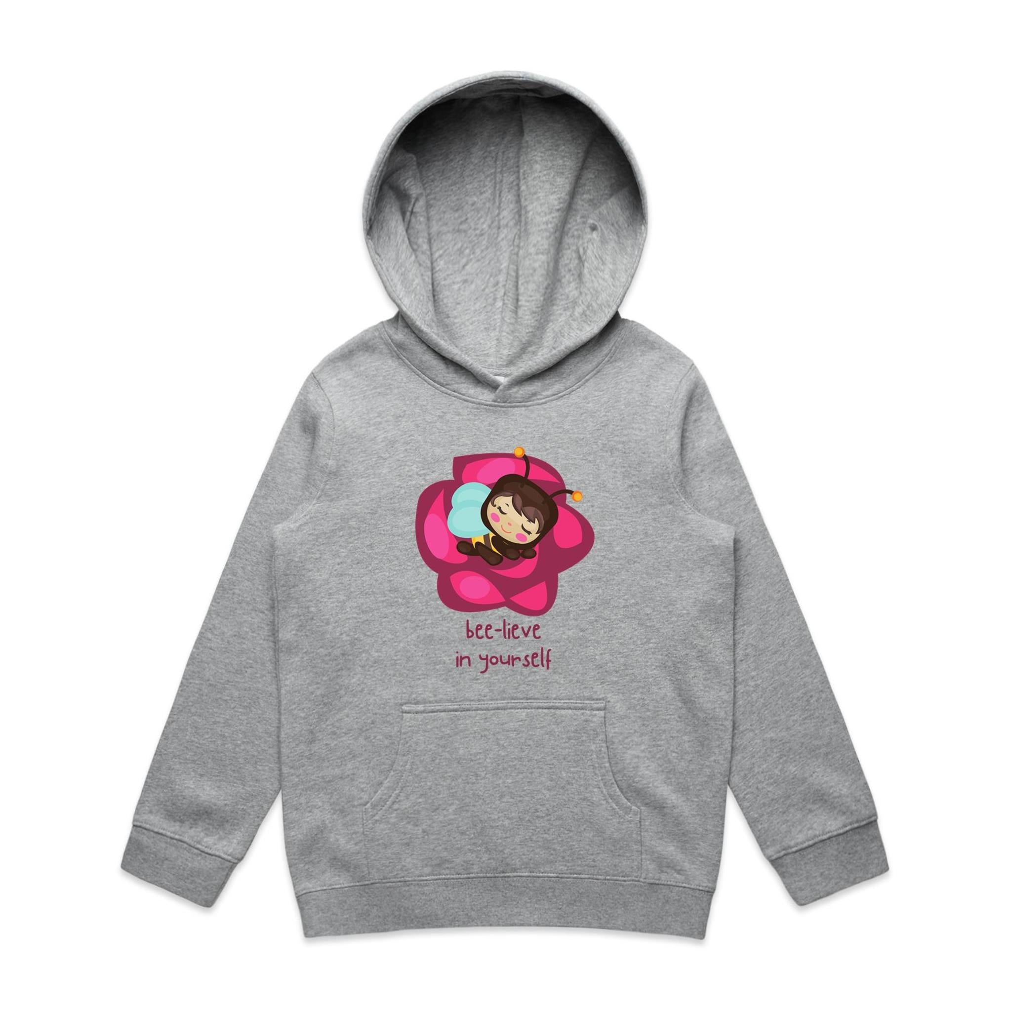 Bee-lieve In Yourself - Kids Hoodie Grey Marle Kids Hoodie Printed In Australia