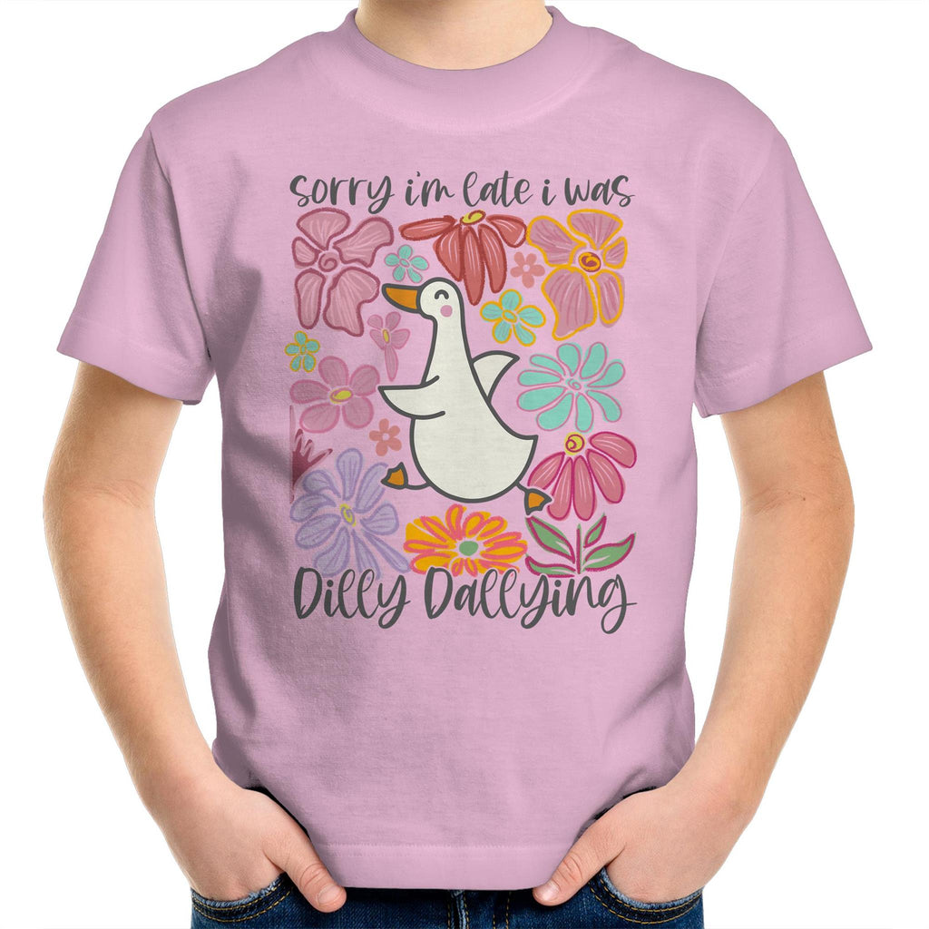 Sorry I'm Late, I Was Dilly Dallying - Kids Youth T-Shirt Pink Kids Youth T-shirt animal Printed In Australia