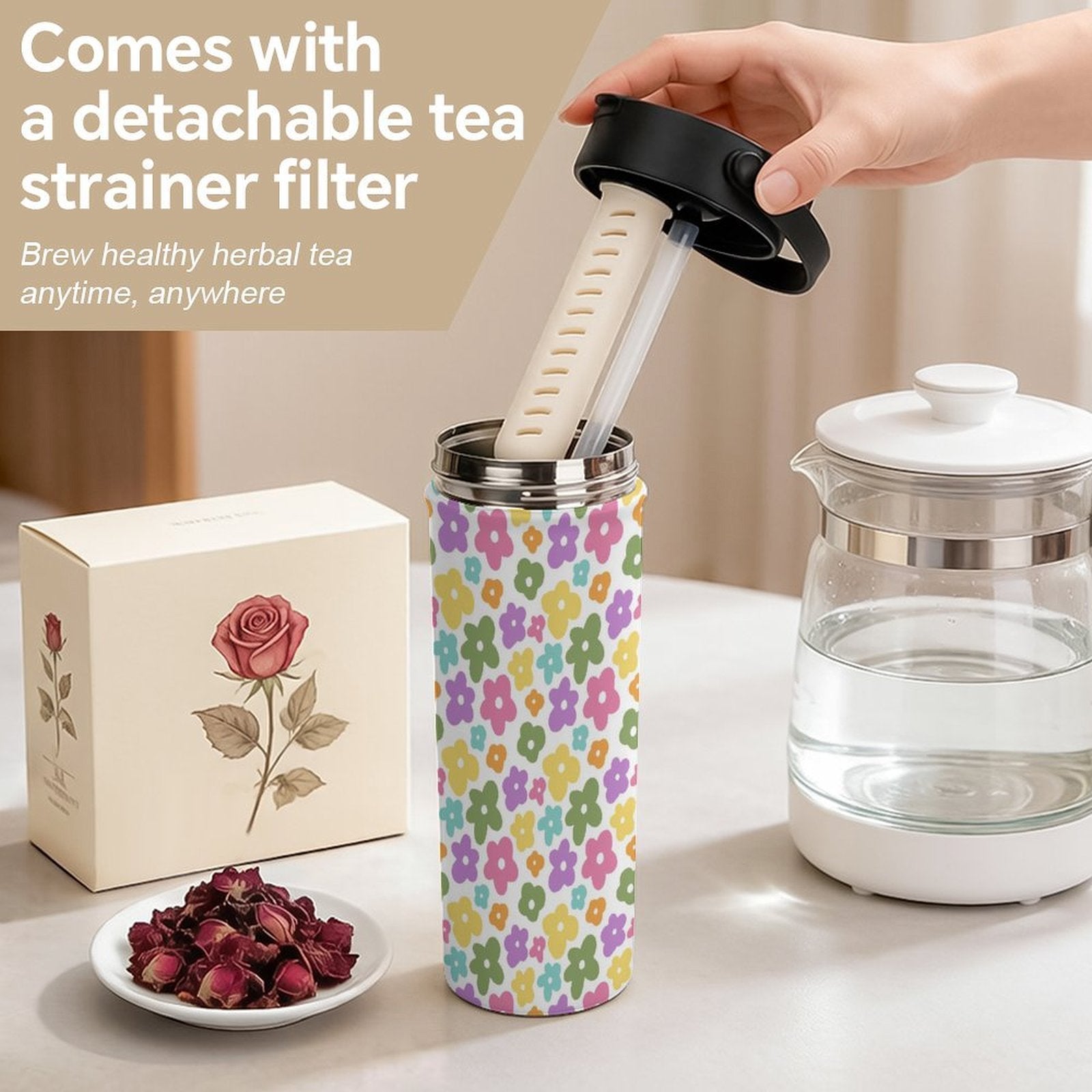 Pastel Flowers 20oz Tea Tumbler with Carry Handle