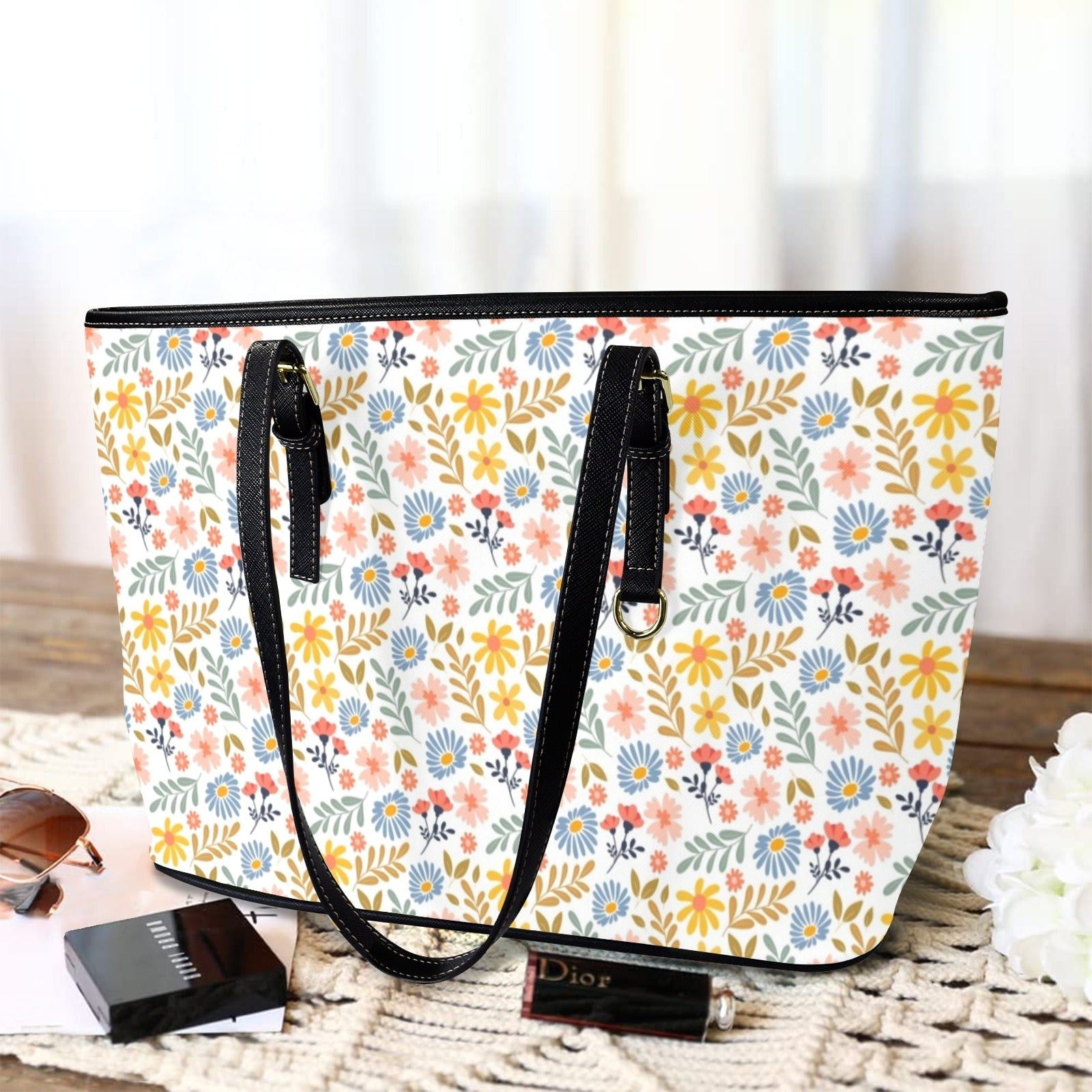 Boho Flowers And Leaves - PU Leather Tote Bag - Large