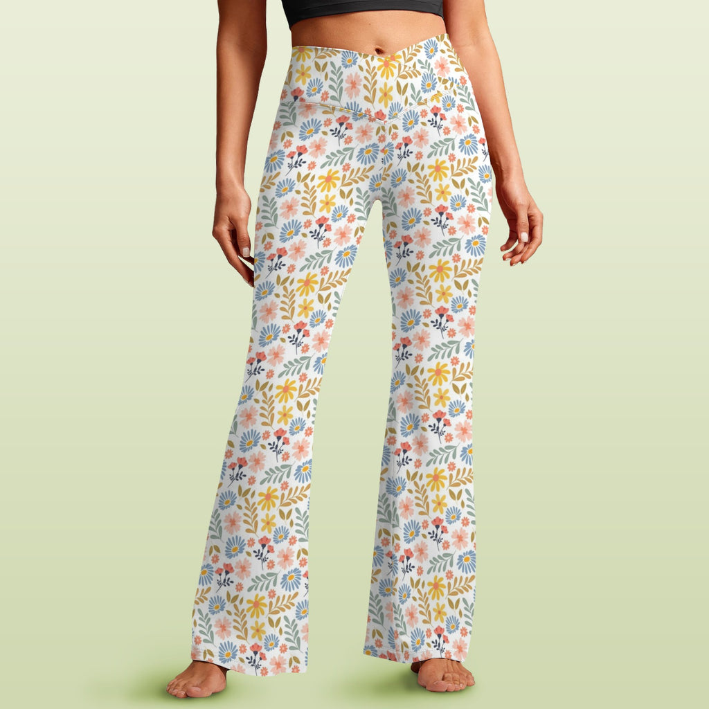 Boho Flowers And Leaves High Waist Crossover Tummy Control Flare Leggings 5XL High Waist Flare Leggings Plants Printed Offshore