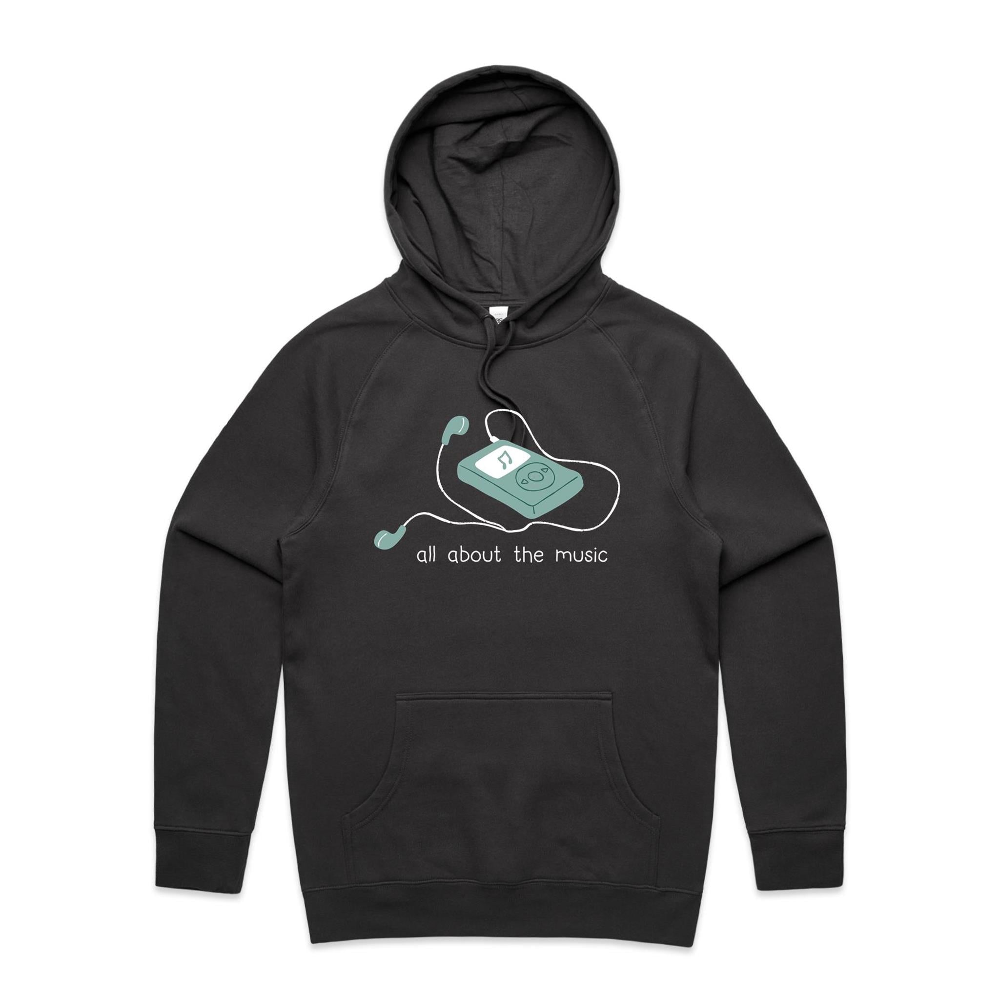 All About The Music, Earbuds - Mens Hoodie Coal Mens Hoodie Music Printed In Australia