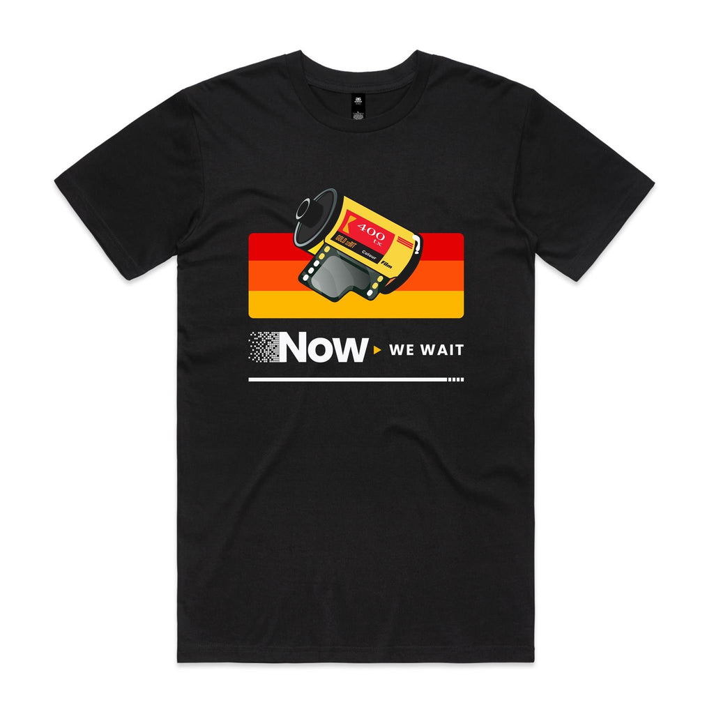 Camera Film, Now We Wait Men's AS Colour T-shirt Black Mens T-shirt Printed In Australia Retro