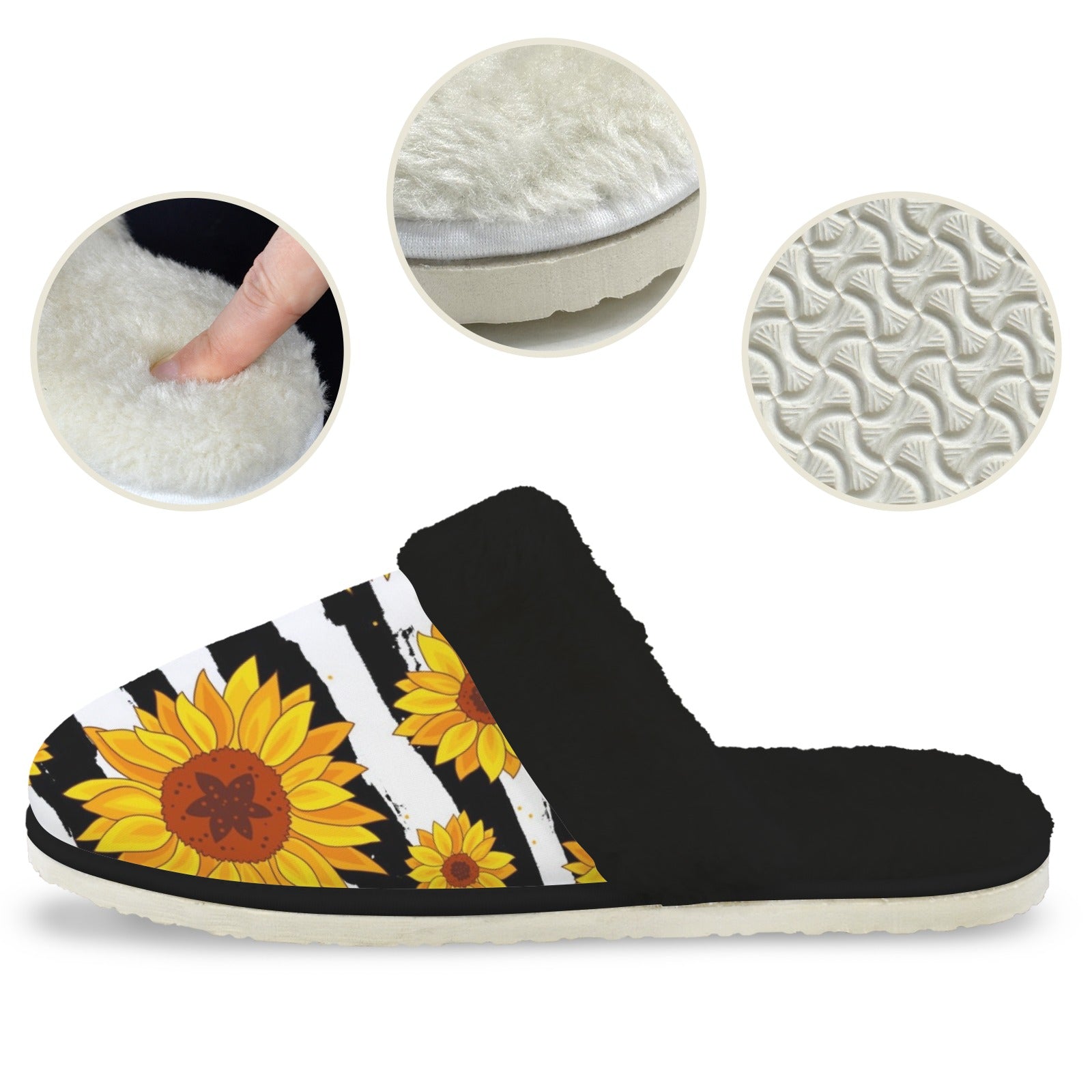 Sunflower Stripes Women's Fur Trim Thick-Sole Indoor Slippers Women's Fur Trimmed Slippers Plants Printed Offshore