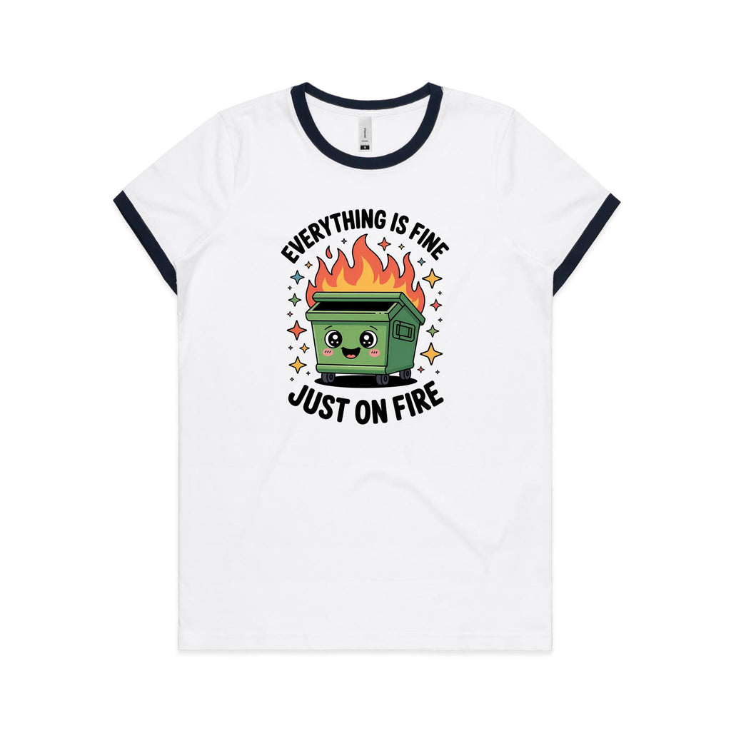 Skip Bin, Dumpster Fire Women's AS Colour Ringer Tee White Navy Womens Ringer T-shirt Printed In Australia